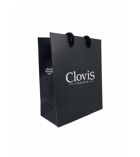Petit sac noir de 19cm. Sac de marque Clovis, du groupe Charbonneaux-Brabant. Poignées en cordes en coton noir.