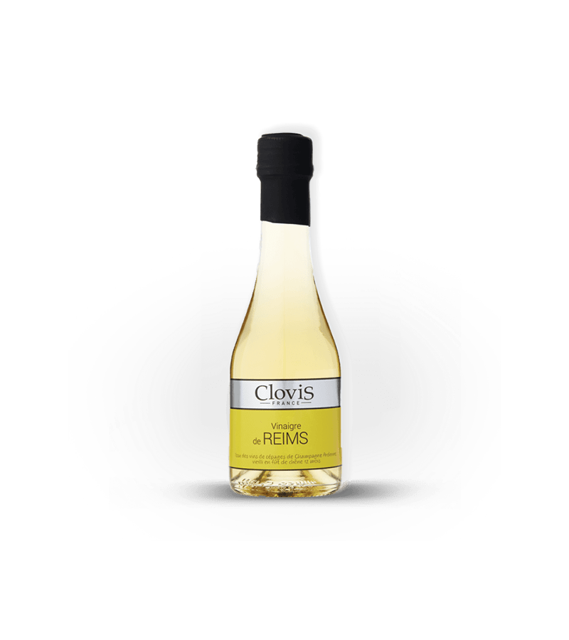 Bouteille de vinaigre de Reims, marque Clovis, format 25cl, sur fond blanc