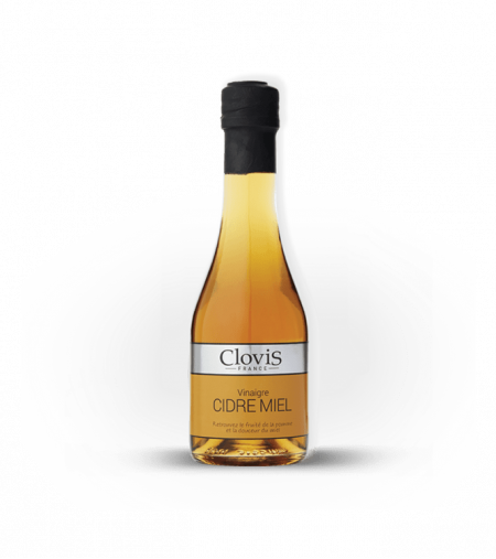 Bouteille de Vinaigre Cidre Miel, marque Clovis, format 25cl, sur fond blanc