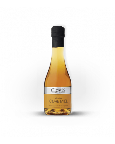 Bouteille de Vinaigre Cidre Miel, marque Clovis, format 25cl, sur fond blanc