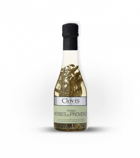 Bouteille de Vinaigre Herbes de Provence, marque Clovis, format 25cl, sur fond blanc