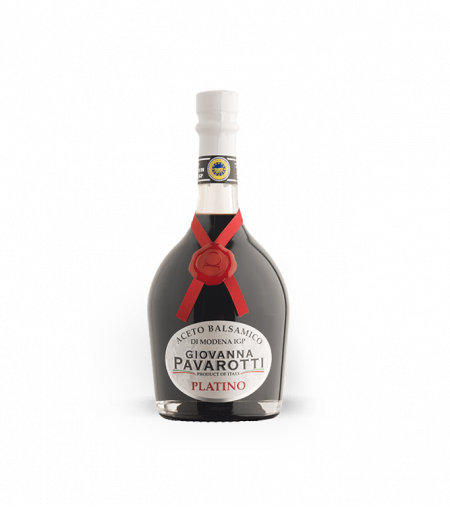 Vinaigre Balsamique de Modène, marque Giovanna Pavarotti, gamme  Platino, format 25cl, sur fond blanc