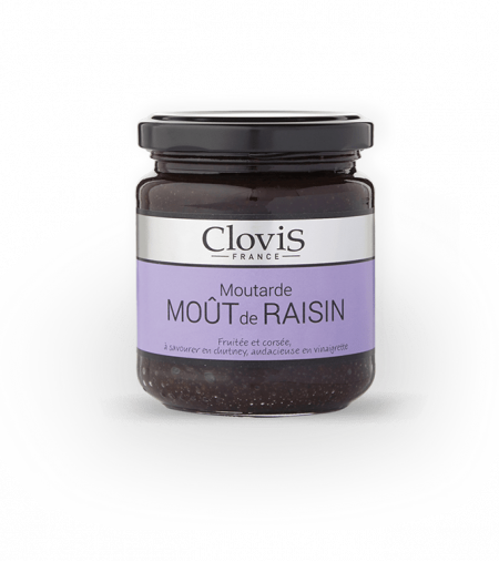 Pot de moutarde de Moût de Raisin, marque  Clovis, format 200g, sur fond blanc.