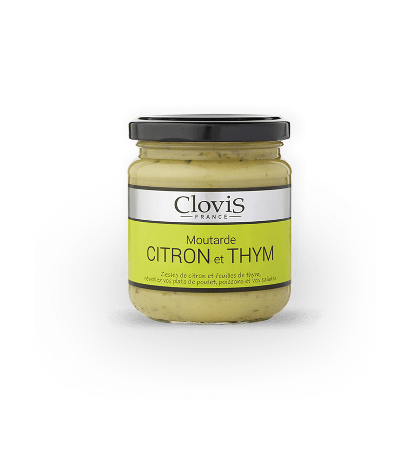 Pot de moutarde citron et thym, de marque Clovis, format 200g, sur fond blanc.