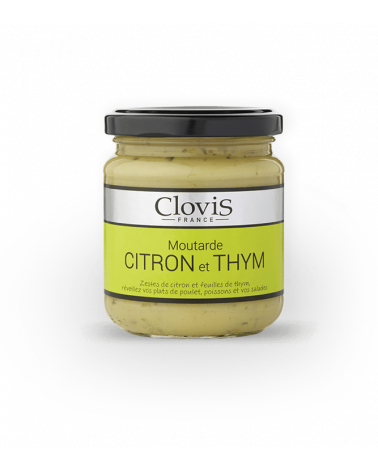 Pot de moutarde citron et thym, de marque Clovis, format 200g, sur fond blanc.