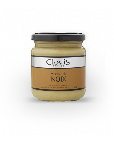 Pot de moutarde aux noix, marque Clovis, format 200g, sur fond blanc.