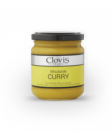 Pot de moutarde au curry, marque Clovis, format 200g, sur fond blanc.