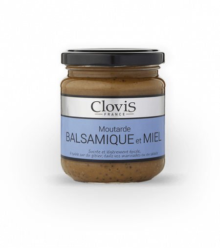 Pot de moutarde Balsamique et Miel, marque Clovis, format 200g, sur fond blanc.