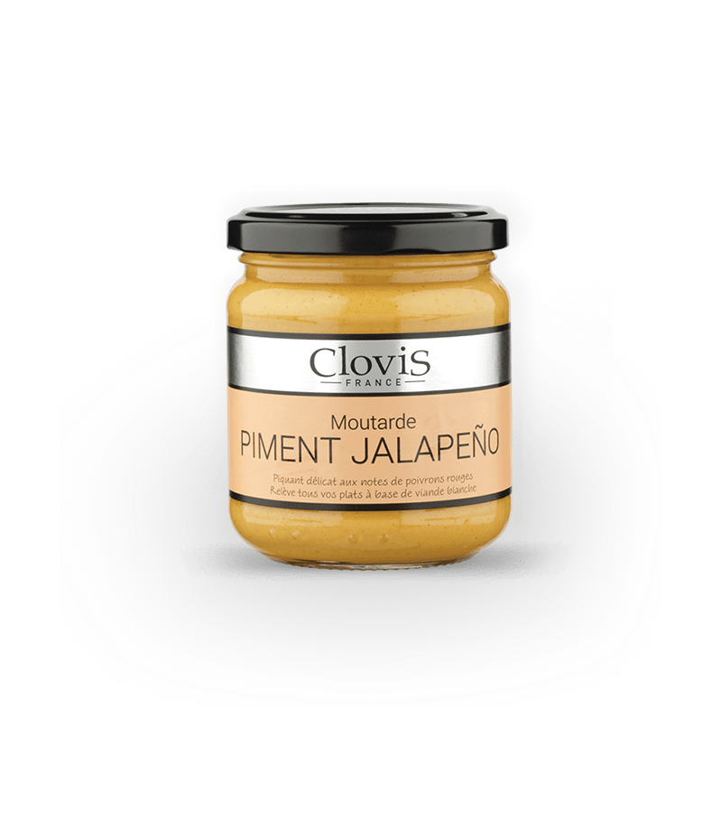 Moutarde Piment Jalapeño, marque  Clovis, format 200g, sur fond blanc