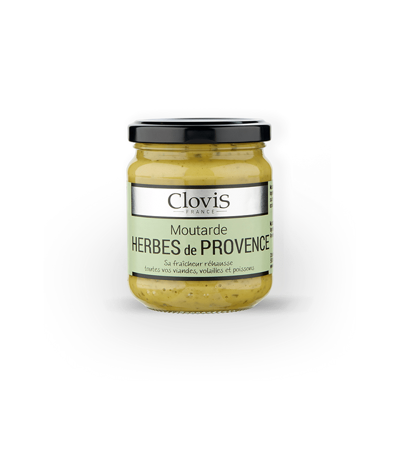 Pot de moutarde aux herbes de Provence, marque Clovis, format 200g, sur fond blanc