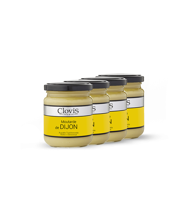 Lot de 4 pots Moutarde de Dijon 200g, marque Clovis, format 200g, sur fond blanc