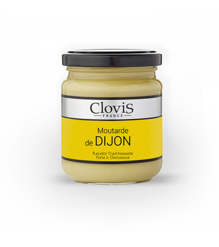 Pot de moutarde de Dijon, marque Clovis, format 200g, sur fond blanc.