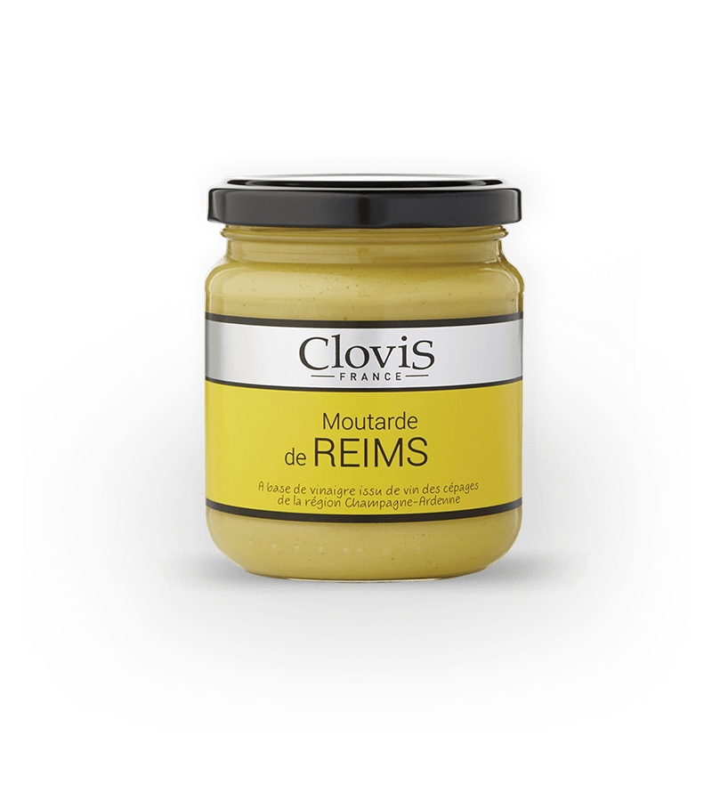 Pot de moutarde de Reims, marque Clovis, format 200g, sur fond blanc.