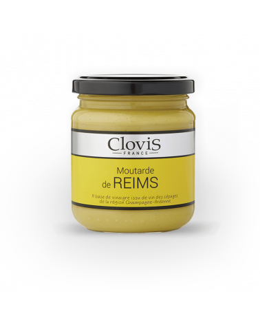 Pot de moutarde de Reims, marque Clovis, format 200g, sur fond blanc.