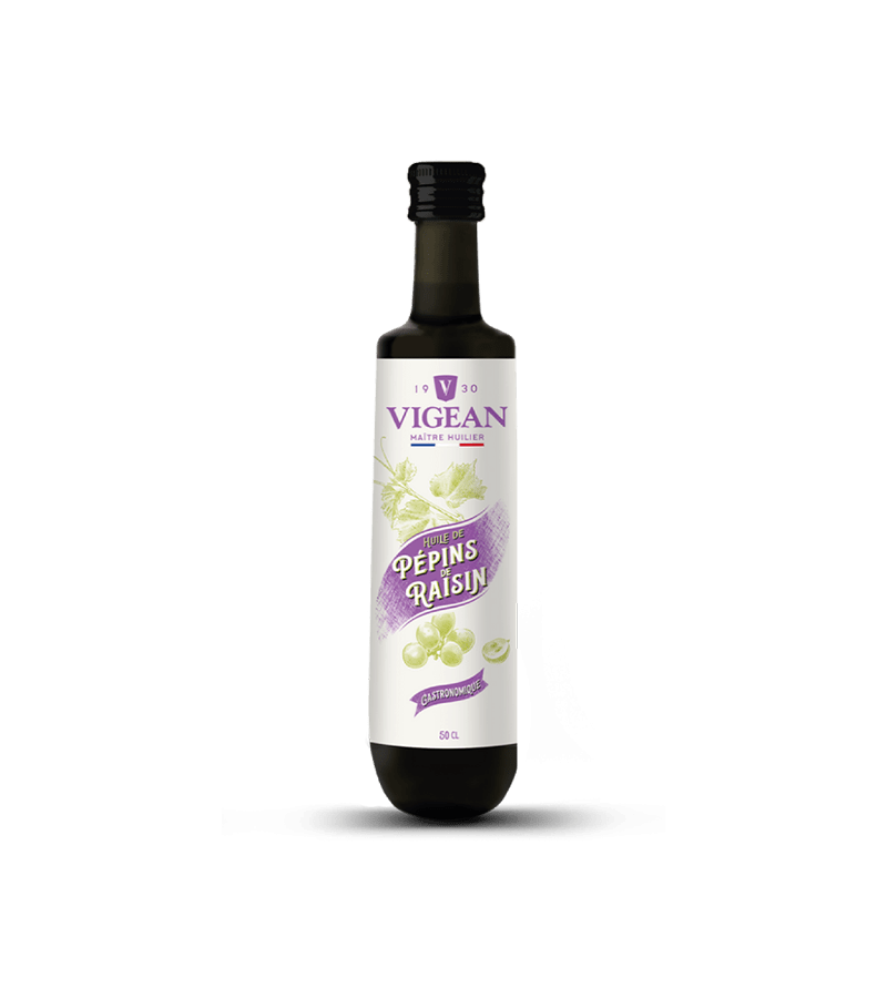 Bouteille d'Huile de Pépins de raison Gastronomique, marque Vigean, format 50cl, sur fond blanc