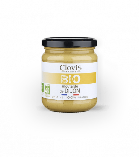 Pot de moutarde de Dijon, marque Clovis, format 200g, 100% origine France, sur fond blanc