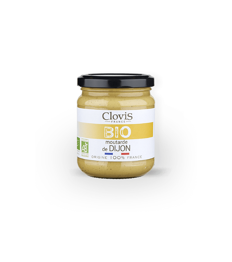 Pot de moutarde de Dijon, marque Clovis, format 200g, 100% origine France, sur fond blanc