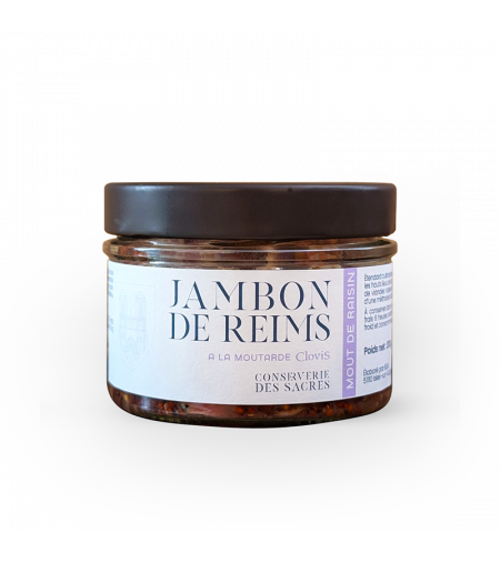 Pot de jambon de Reims à la moutarde moût de raisin, marque Clovis, format 200g, sur fond blanc