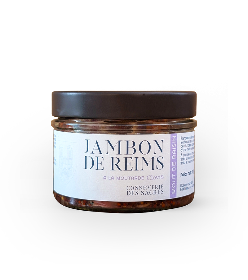 Pot de jambon de Reims à la moutarde moût de raisin, marque Clovis, format 200g, sur fond blanc