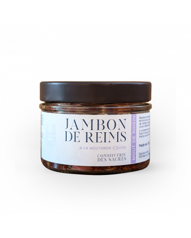 Pot de jambon de Reims à la moutarde moût de raisin, marque Clovis, format 200g, sur fond blanc