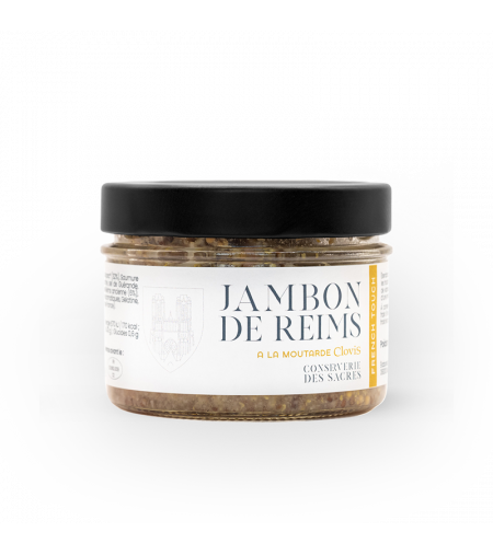 Pot de jambon de Reims à la moutarde, marque Clovis, format 200g, sur fond blanc