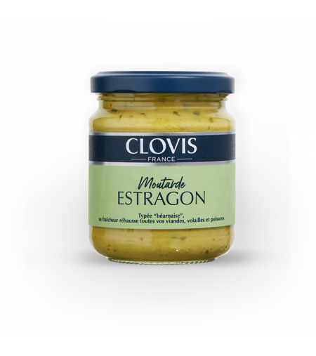 Pot de moutarde à l'estragon Clovis, format 200g, sur fond blanc