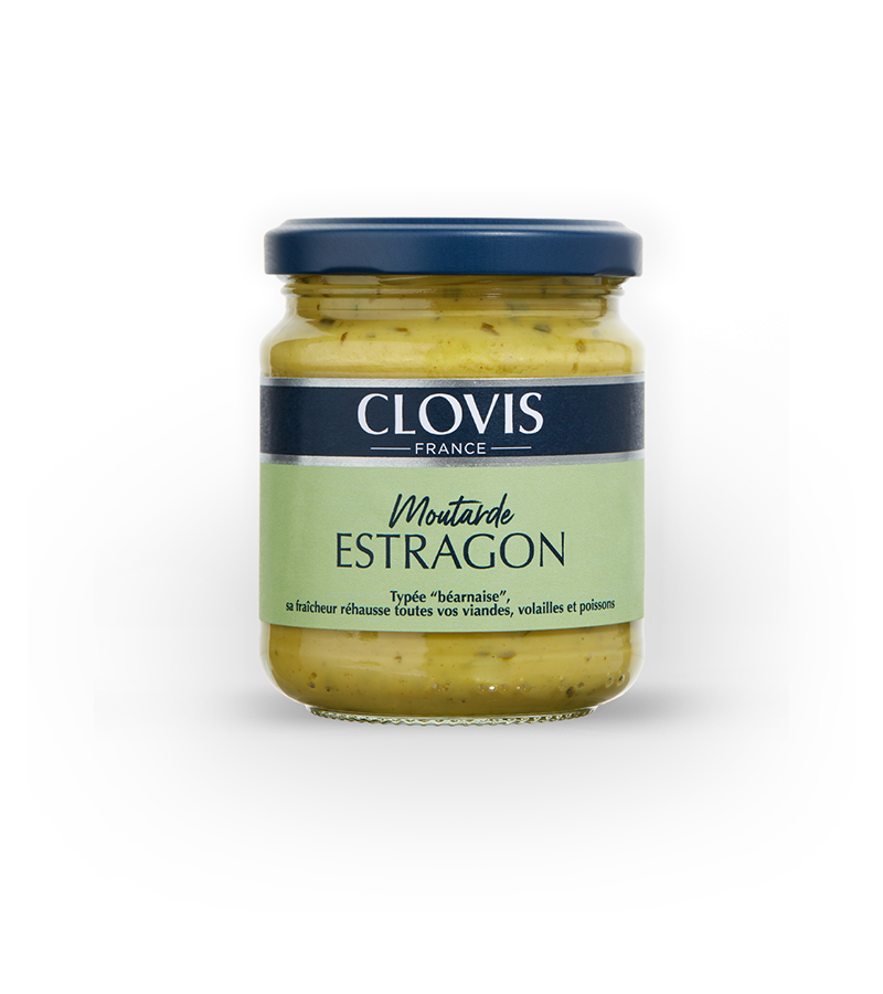 Pot de moutarde à l'estragon Clovis, format 200g, sur fond blanc