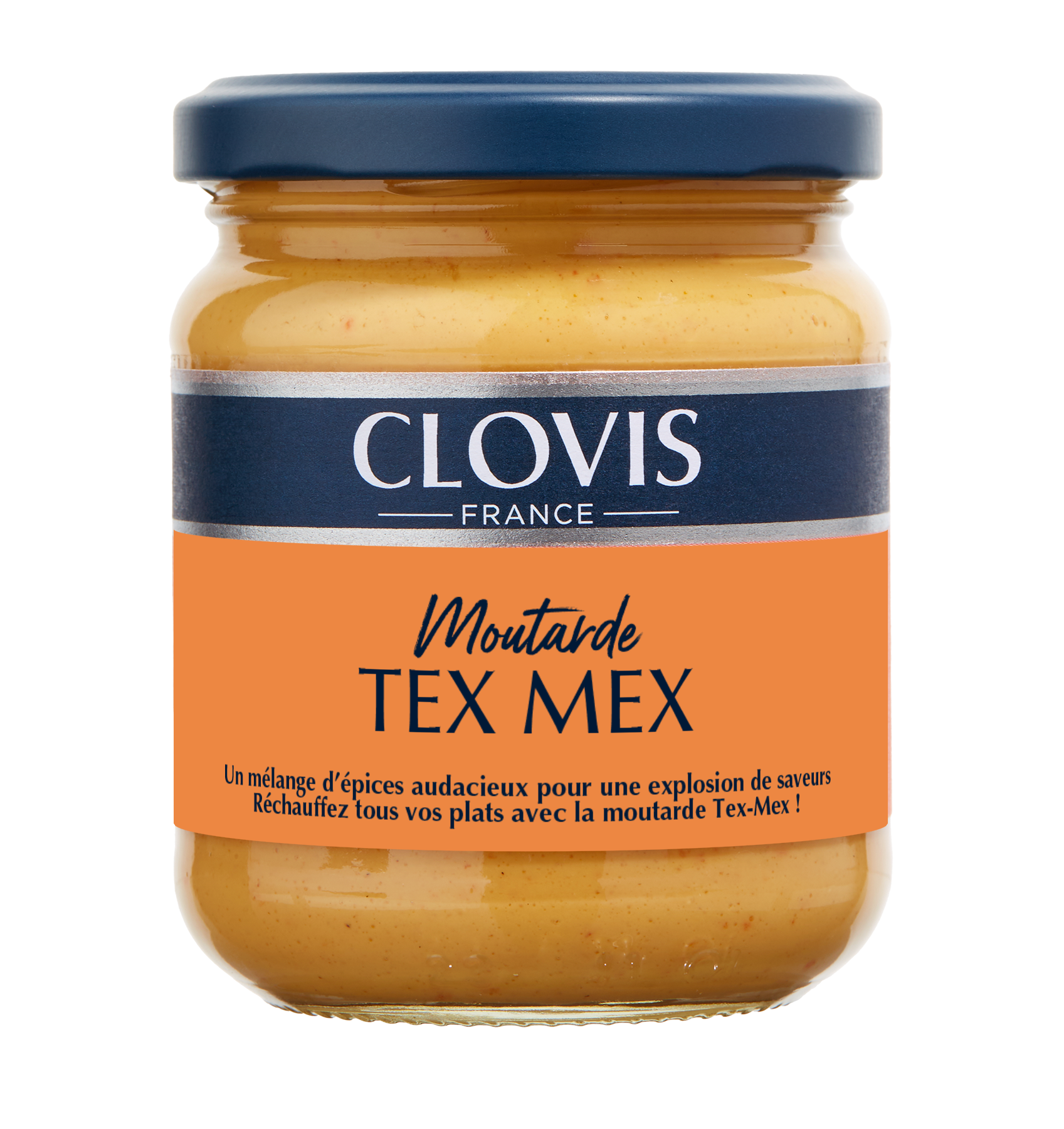 Pot de moutarde Tex Mex au format 200g de la marque Clovis. Le pot est transparent, laissant apparaître la couleur naturelle de la moutarde, un orange gourmand. La capsule du pot est noir, et il y a une étiquette divisée en deux parties par deux bandes de couleur. Une bande grise avec la marque Clovis France, et une autre bande orange où l'on retrouve l'intitulé de la moutarde ainsi que des informations sur sa production et sa composition.