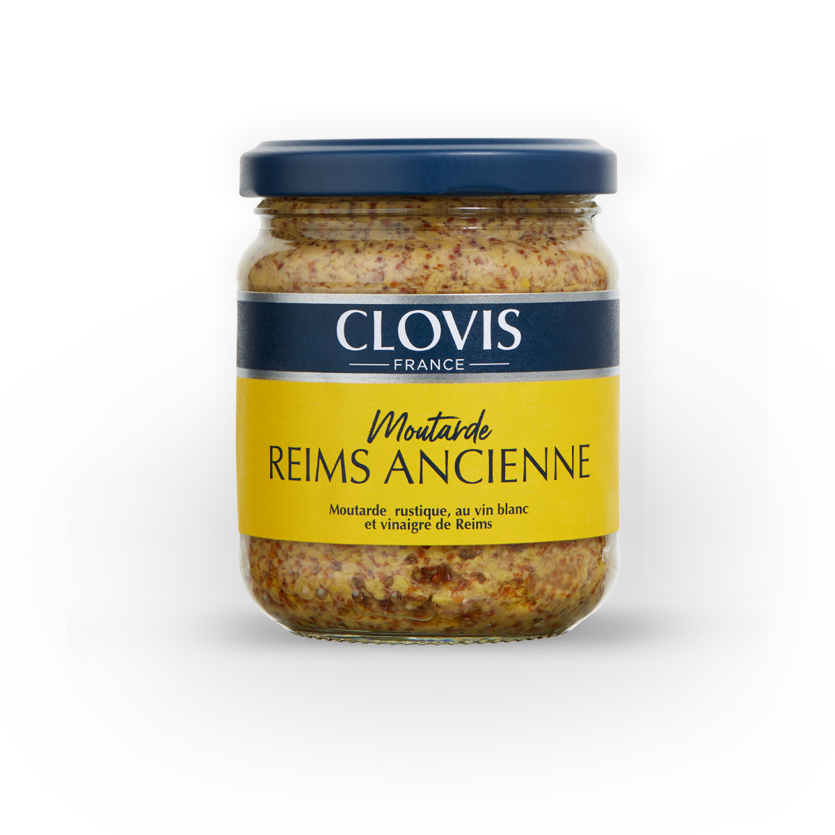 pot de moutarde Reims ancienne 200g de la marque Clovis, le pot est transparent, le couvercle est bleu, l'étiquette est séparée en deux parties, une bande supérieur grise avec le nom de la marque Clovis France, et une autre bande, deux fois plus large que la première, de couleur jaune et sur celle-ci figure le type et la recette de la moutarde.