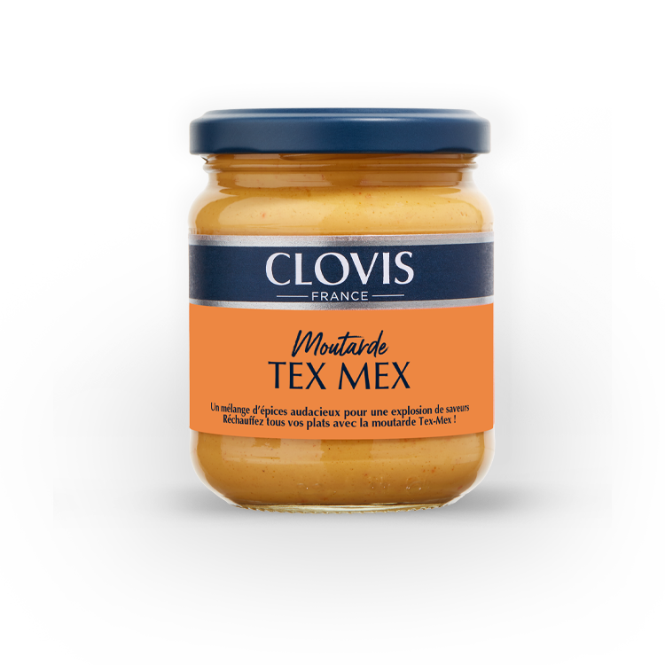 pot de moutarde Tex Mex 200g de la marque Clovis, le pot est transparent, le couvercle est bleu, l'étiquette est séparée en deux parties, une bande supérieur grise avec le nom de la marque Clovis France, et une autre bande, deux fois plus large que la première, de couleur orange et sur celle-ci figure le type et la recette de la moutarde.