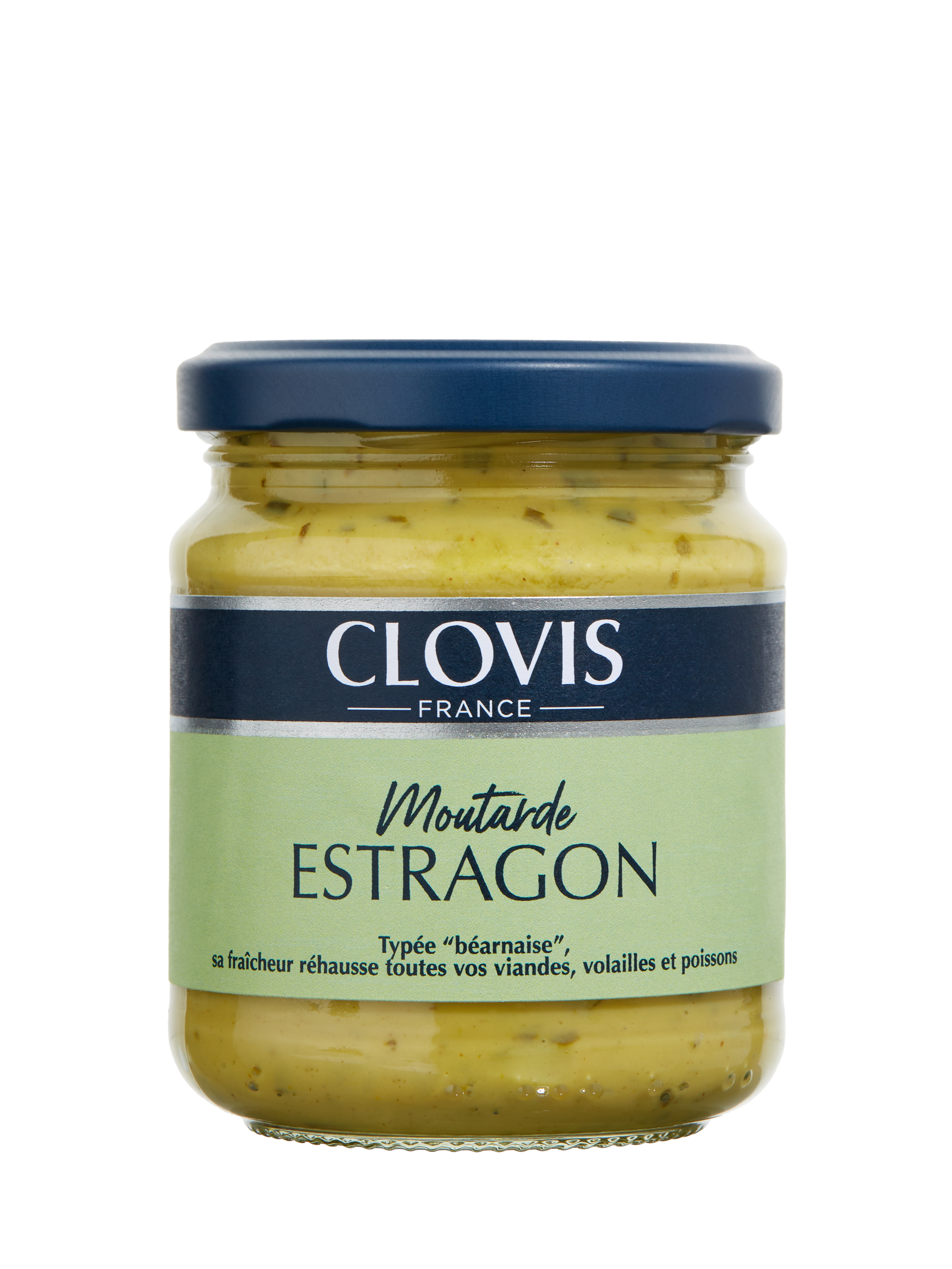pot de moutarde à l'estragon 200g de la marque Clovis, le pot est transparent, le couvercle est bleu, l'étiquette est séparée en deux parties, une bande supérieur grise avec le nom de la marque Clovis France, et une autre bande, deux fois plus large que la première, de couleur verte et sur celle-ci figure le type et la recette de la moutarde.
