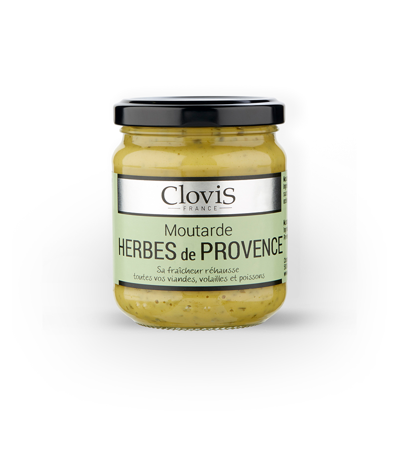 pot de moutarde Clovis transparent, couvercle noir et étiquette grise et verte, un pot de moutarde aux herbes de Provence