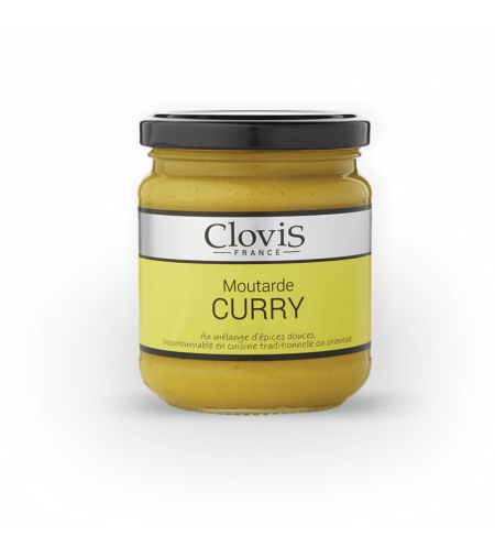 pot de moutarde au curry format 200g de la marque Clovis, le pot est transparent, le couvercle est noir, l'étiquette est séparée en deux parties, une bande supérieur grise avec le nom de la marque Clovis France, et une autre bande, deux fois plus large que la première, de couleur jaune et sur celle-ci figure le type et la recette de la moutarde.