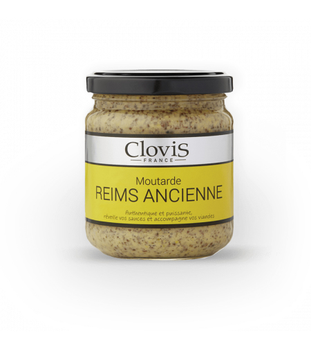 moutarde de Reims à l'ancienne format 200g de la marque Clovis, le pot est transparent et laisse apparaitre la texture de la moutarde. Elle ressemble beaucoup à la moutarde à l'ancienne de Reims bio, la version bio est simplement légèrement plus claire. Le pot a un couvercle noir sur lequel on peut noter la présence de la marque Clovis, on voit également une étiquette collée au pot, sur laquelle on peut constater une bande de couleur grise dans laquelle est annoté "Clovis France", et le reste de l'étiquette est jaune avec l'intitulé de la moutarde, sa composition, production, et éléments liés à la consommation.