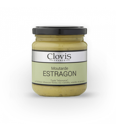 pot de moutarde à l'estragon 200g de la marque Clovis, le pot est transparent, le couvercle est bleu, l'étiquette est séparée en deux parties, une bande supérieur grise avec le nom de la marque Clovis France, et une autre bande, deux fois plus large que la première, de couleur verte et sur celle-ci figure le type et la recette de la moutarde.