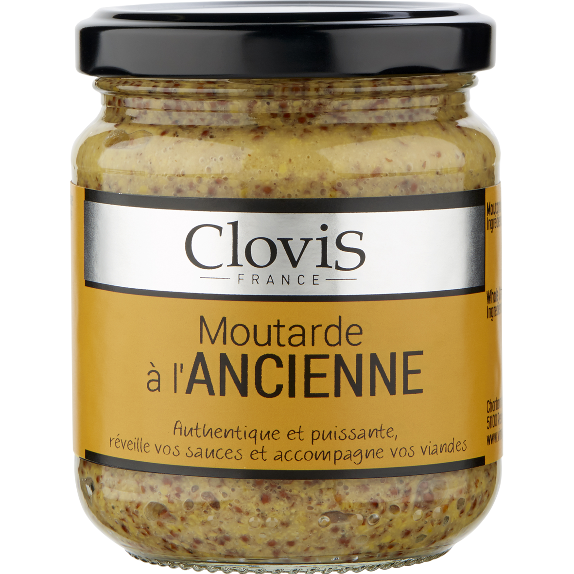 moutarde ancienne  200g de la marque Clovis avec étiquette marron sur laquelle on retrouve la marque Clovis, l'intitulé de la moutarde et les ingrédients