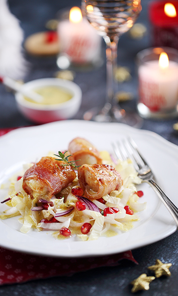 Une photo de la recette de Noix de Saint-Jacques lardées et salade d’endive