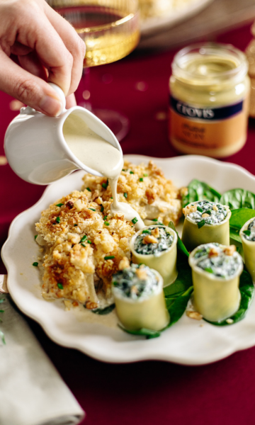 Crumble de poulet à la moutarde aux noix, cannelloni chèvre/épinards